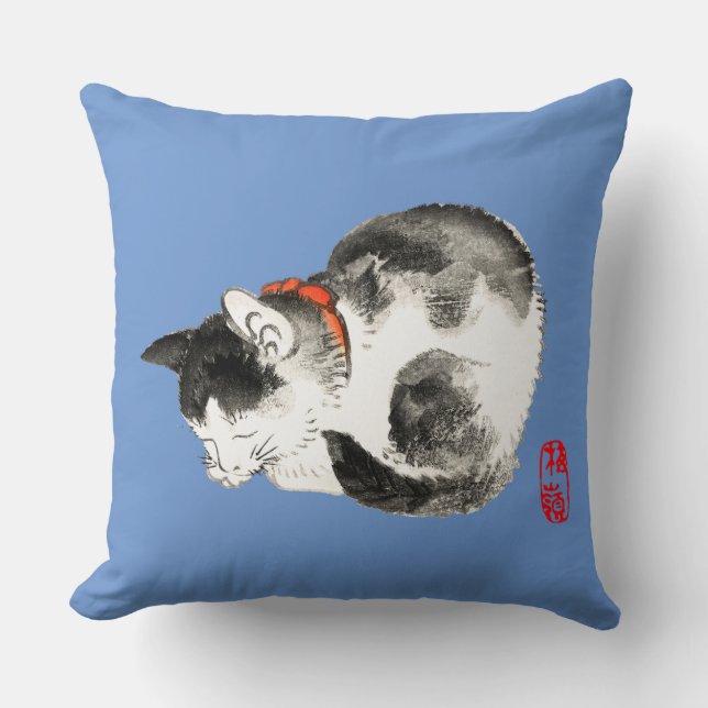 Cojín Decorativo Negro y blanco del gato japonés que duerme (Anverso)