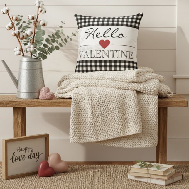 Cojín Decorativo Negro y Blanco Hola San Valentín Cuadros Gingham (Subido por el creador)
