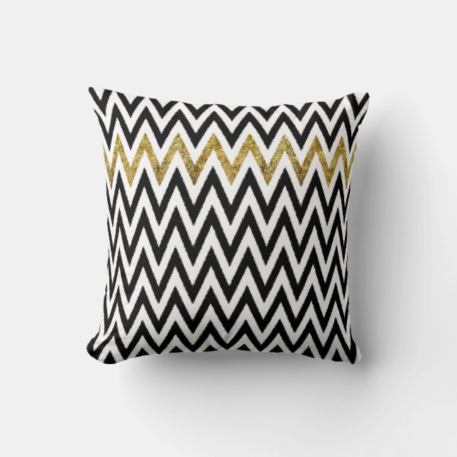 Cojín Decorativo Negro y rayas Chevron del oro (Anverso)