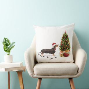 Cojín Decorativo Negro y Tan Dachshund Navidades graciosos perro