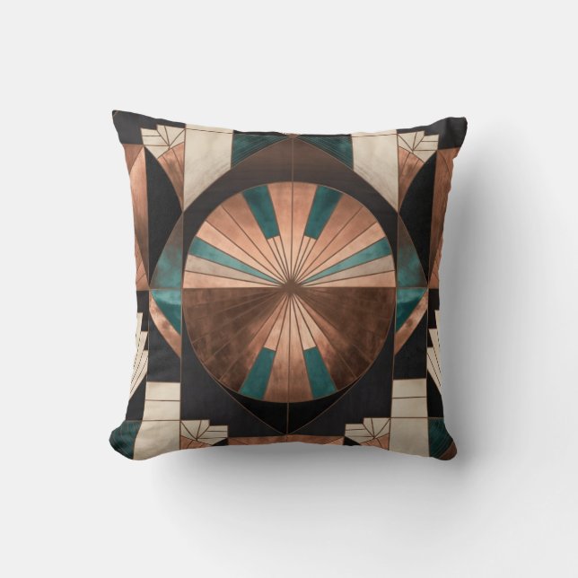 Cojín Decorativo Neo Art Deco Geometric Teal Copper Gold Sunburst (Anverso)
