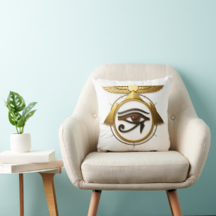Cojín Decorativo NeoAnkh 3D Ojo de Horus Dorado y Disco Solar Alado