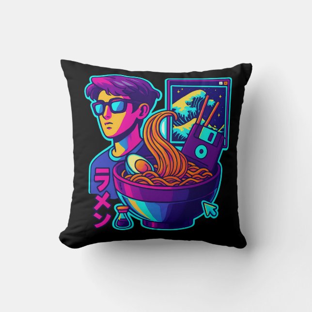 Cojín Decorativo Neon Cyber Ramen - Vaporwave Retro Arte estético (Anverso)