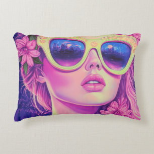 Cojín Decorativo Neon Dream Chica con gafas de sol florales