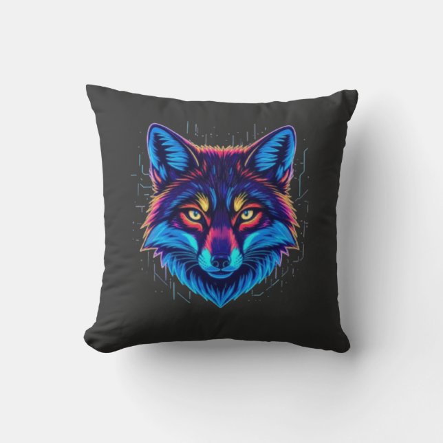 Cojín Decorativo Neon Fox Face – Vibrant Glowing Design (Anverso)