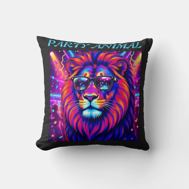 Cojín Decorativo Neon Lion Party Animal – Colourful Retro Graphic (Anverso)