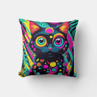 Cojín Decorativo ✨ Neon Psychedelic Cat – Pop Art Design 🎨🐱