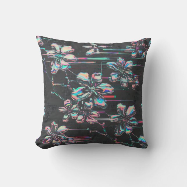 Cojín Decorativo Neon Sakura Glitch – Futuristisches Blumenmuster (Anverso)
