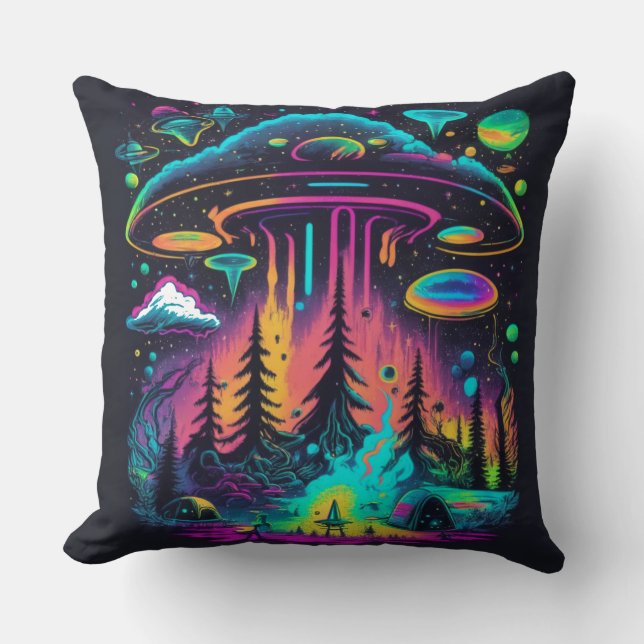 Cojín Decorativo Neon UFO y Alien Scene Psychedelic Art (Anverso)