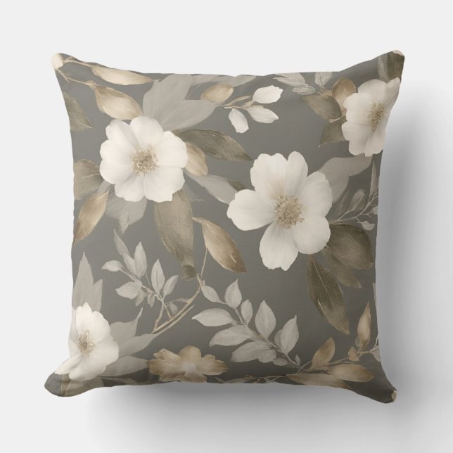 Cojín Decorativo Neutral Gris Beige Crema de granja moderna Floral (Anverso)