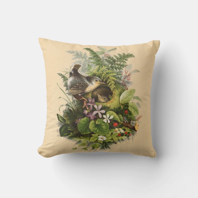 Cojín Decorativo Nido de aves entre flores (Anverso)