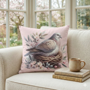 Cojín Decorativo Nido de paloma rosado con flores y ramas de olivo