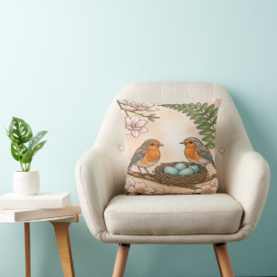 Cojín Decorativo Nido de Robin de Primavera & Diseño Botánico de Ma