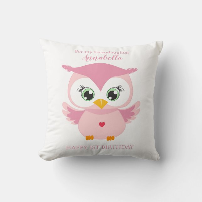 Cojín Decorativo Nieta Primer Cumpleaños Búho Rosa Lindo (Anverso)