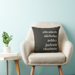 Cojín Decorativo Nietos nombran regalo de moda moderno negro<br><div class="desc">Agilizar cualquier espacio con este impresionante Cojín decorativo negro, con una tipografía moderna y audaz que muestra orgullosamente los nombres de los preciados nietos. Este moderno diseño combina el estilo contemporáneo con el sentimiento más sincero, convirtiéndolo en un regalo perfecto para los abuelos. Ya sea que se exhiba en un...</div>