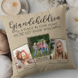 Cojín Decorativo Nietos Poema 3 Collage de fotos Beige<br><div class="desc">almohada fotográfica para abuelos o nietos. El poema dice "los nietos ocupan un lugar en su corazón que no sabían que estaba vacío" y está escrito con caligrafía elegante y tipografía caprichosa en mayúsculas. La plantilla de la foto está configurada para que agregue 3 de sus imágenes favoritas, que se...</div>
