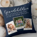 Cojín Decorativo Nietos Poema 3 Collage de fotos Marina Azul<br><div class="desc">almohada fotográfica para abuelos o nietos. El poema dice "los nietos ocupan un lugar en su corazón que no sabían que estaba vacío" y está escrito con caligrafía elegante y tipografía caprichosa en mayúsculas. La plantilla de la foto está configurada para que agregue 3 de sus imágenes favoritas, que se...</div>