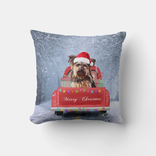 Cojín Decorativo Nieve de perro de Yorkshire, sentada en Navidades (Anverso)
