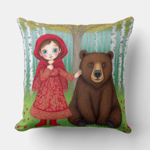 Cojín Decorativo Niña adorable y oso en un bosque caprichoso
