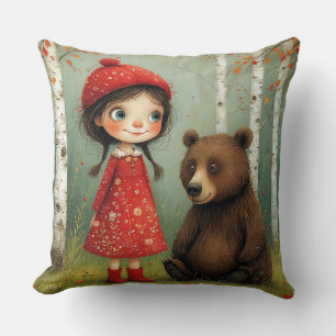 Cojín Decorativo Niña adorable y oso en un bosque caprichoso