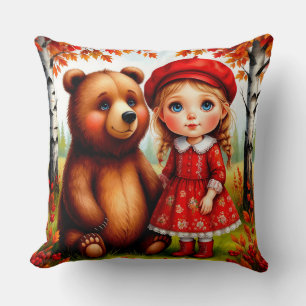Cojín Decorativo Niña adorable y oso en un bosque caprichoso