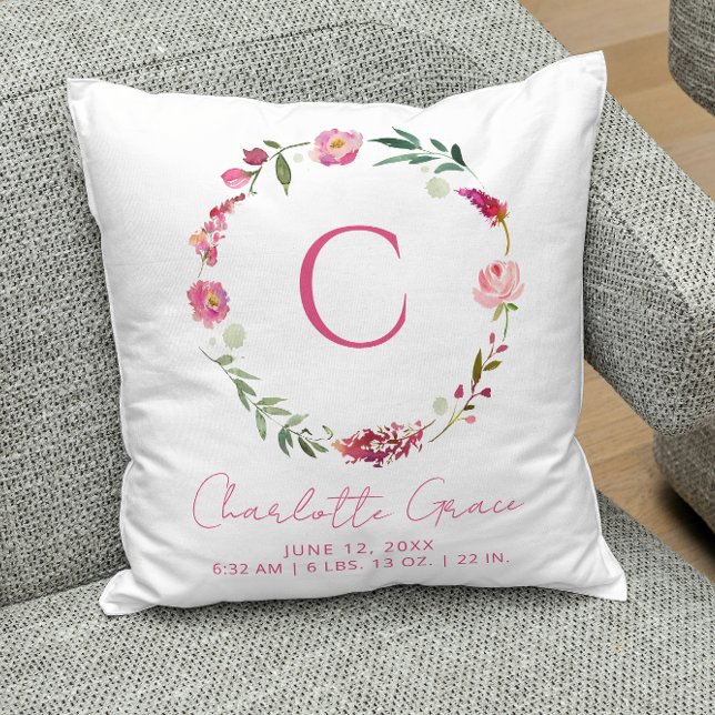 Cojín Decorativo Niña Bebé Monograma Nacimientos Florales Rosa (Baby Pillow)