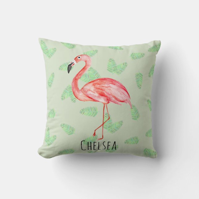 Cojín Decorativo Niña Bebé Tropical Rosa Flamingo Nombre Nursera (Anverso)