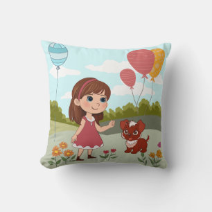 Cojín Decorativo Niña Bonita con Perro y Globos