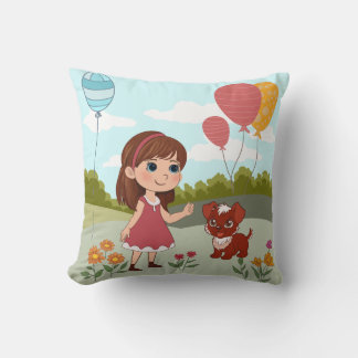 Cojín Decorativo Niña Bonita con Perro y Globos 