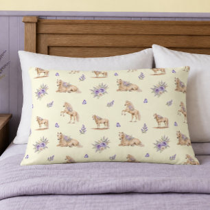 Cojín Decorativo Niña Caballo Amarillo Púrpura Patrón Floral