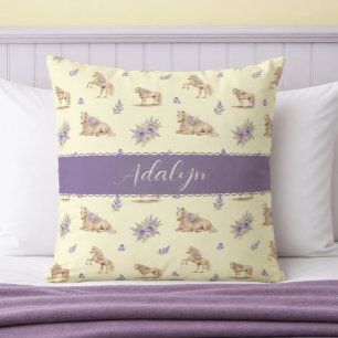 Cojín Decorativo Niña Caballo Amarillo Púrpura Patrón Floral Monogr