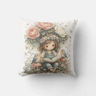 Cojín Decorativo Niña caprichosa del jardín leyendo con pájaros, fl