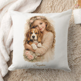 Cojín Decorativo Niña con cachorro de beagle