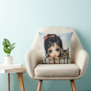 Cojín Decorativo Niña con Ojos Grandes y Gato Mascota