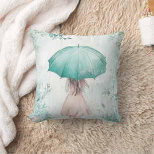 Cojín Decorativo Niña con paraguas verde azulado jardín lluvioso