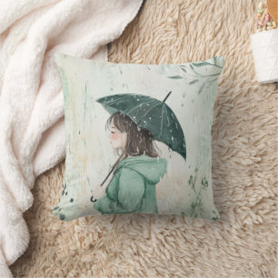 Cojín Decorativo Niña con paraguas verde azulado Jardín lluvioso (2