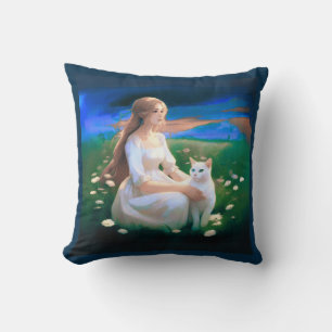 Cojín Decorativo Niña con un gato en una pradera al crepúsculo