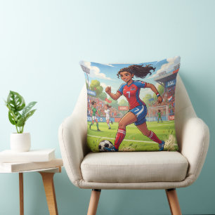 Cojín Decorativo Niña de dibujos animados linda jugando fútbol