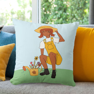 Cojín Decorativo Niña de jardinería con flores dibujo