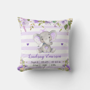 Cojín Decorativo Niña Elefante Floral Púrpura Guardería Lila Lavand