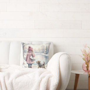Cojín Decorativo Niña en acuarela con patines de hielo y perro