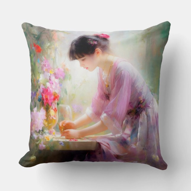 Cojín Decorativo Niña en jardín de flores  (Anverso)