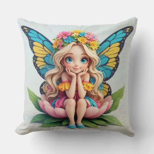 Cojín Decorativo Niña Hada Ala de Mariposa Sentada en Jardín de Flo