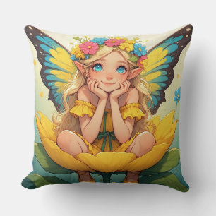 Cojín Decorativo Niña Hada Encantadora Con Alas En Escena De Flor A
