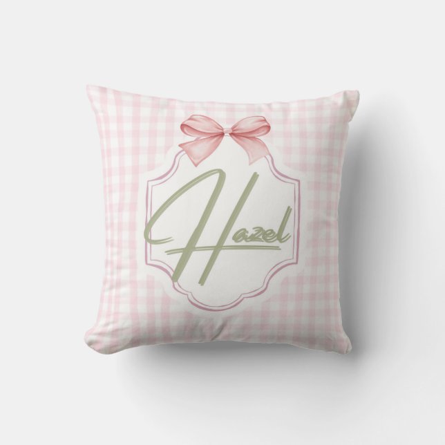 Cojín Decorativo Niña Hazel Baby Nursery Personalizada Bow&Gingham (Anverso)