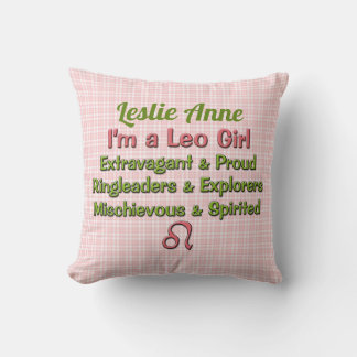 Cojín Decorativo Niña Leo Zodiac Cheque rosa con nombre verde