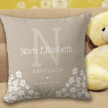 Cojín Decorativo Niña Nacida Nacida Flores Monograma Nursera Thr<br><div class="desc">Esta bonita almohada de guardería presenta un fondo de color avena natural con acentos de blanco y es perfecta para su bebé recién nacida. El diseño ofrece texto personalizado para un monograma,  nombre y estadísticas de nacimiento y se acentúa con flores de margarita blanca.</div>