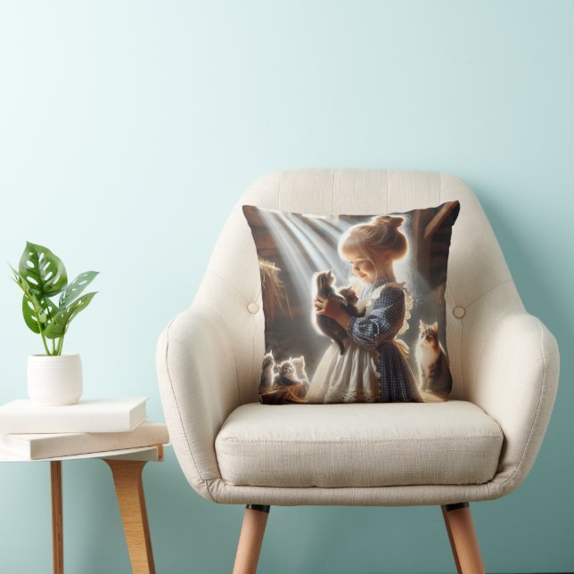Cojín Decorativo Niña pequeña con gatitos de grano (Silla)