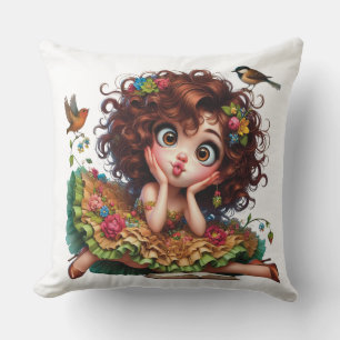 COJÍN DECORATIVO NIÑA PEQUEÑA DIVERTIDA CON VESTIDO FRILLY Y AVES