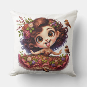 COJÍN DECORATIVO NIÑA PEQUEÑA DIVERTIDA CON VESTIDO FRILLY Y AVES